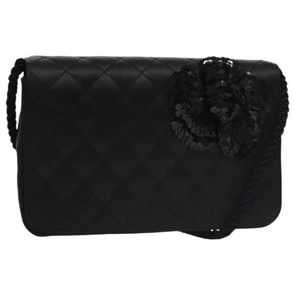 CHANEL Matelasse Sequin Flower Shoulder Bag Satin Black CC Auth 99855V - Picture 1 of 16